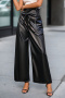 casual plus size non-stretch solid color high waist pu wide leg pants with belt_Black