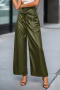 casual plus size non-stretch solid color high waist pu wide leg pants with belt_Black_Dark Green