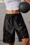 stylish non-stretch new satin lace splicing drawstring shorts_Black