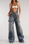 casual plus size slight stretch denim wide-leg overalls(no underwear)_Black_Blue