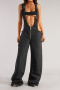 casual plus size slight stretch denim wide-leg overalls(no underwear)_Black