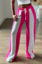 casual plus size slight stretch contrast color high waist straight pants_Black_Magenta