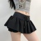 casual slight stretch solid color drawstring pleated skorts size run small_Black