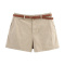 casual non-stretch with belt solid color shorts_White_Khaki