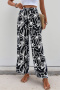 casual non-stretch 3 colors flower batch printing high-waist pants_Black