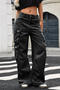 casual plus size non-stretch solid color multi-pocket straight cargo jeans_Black