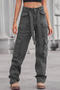casual plus size non-stretch multi-pocket straight cargo jeans with belt_Black_Gray