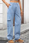 casual plus size non-stretch 3 colors large pockets straight cargo jeans_Black_Sky Blue
