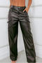 casual new non-stretch solid color pu straight pants_Black
