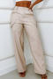 casual new non-stretch solid color pu straight pants_Black_Beige