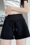 casual slight stretch solid color high-waist drawstring shorts(size run small)_Black