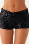 stylish non-stretch solid color sequins mid-waist all-match shorts_Black