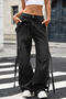 casual plus size non-stretch mid waist multi-pocket cargo wide-leg jeans_Black