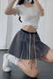 casual stretch contrast color drawstring pleated mini skirt(size run small)_Black_White_Gray