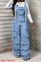 casual plus size slight stretch multi-pocket versatile wide-leg denim overalls_Sky Blue