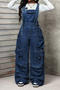 casual plus size slight stretch multi-pocket versatile wide-leg denim overalls_Sky Blue_Dark Blue