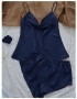 summer new 4 colors satin sling simple shorts set sleepwear(with hair tie)_Black_Dark Blue