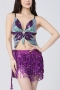 sexy lingerie 9 colors new butterfly lace-up tassel sequin with pads skirt set sexy dance performance stage costumes(no panties)_Black_Purple
