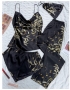 summer new 5 colors satin thin sling batch printing three-piece set sleepwear(with bag)_Black