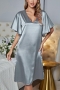 summer new  four colors solid color v-neck non-stretch satin loose sleepwear_Sky Blue_Khaki _Silver