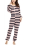 plus size christmas stripe micro elastic zip-up jumpsuit loungewear_Red_Pink