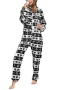 plus size elk printing flannel stretch hooded jumpsuit loungewear_Black