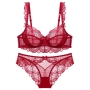 stretch lace mesh dainty bow bra set(with underwire)_Black_White_Dark Green_Red
