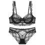 stretch lace mesh dainty bow bra set(with underwire)_Black