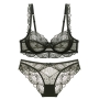 stretch lace mesh dainty bow bra set(with underwire)_Black_White_Dark Green
