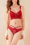 stretch lace flower cutout ultra-thin without sponge bra set(with underwire)_Black_Red