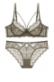 stretch lace cutout breathable without sponge sexy bra set(with underwire)_Black_White_Dark Green