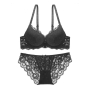 stretch lace dainty bow mini rhinestone decor cutout bra set(with underwire)_Black