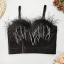 slight stretch velvet feather tassel rhinestone bra(with underwire,75a 80a 85a 90a available for a\b\c cup)_Black