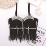 slight stretch tassel feather rhinestone bra vest(with underwire,75b 80b 85c 90c available for a\b\c cup)_Black