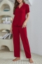 inelastic 3 colors solid color button casual pants three-piece set loungewear_Black_Red