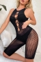 high stretch solid color 7-colors mesh hollow see-through sexy teddy collection_Black