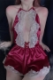 sexy non-stretch 3 colors satin lace trim halter-neck babydoll(with g-string)_Black_White_Red