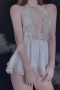 sexy non-stretch 3 colors satin lace trim halter-neck babydoll(with g-string)_Black_White