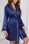sexy non-stretch satin midi sleepwear(with belt)_Black_White_Gray_Pink_Red_Dark Blue