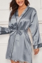 sexy non-stretch satin midi sleepwear(with belt)_Black_White_Gray