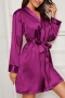 sexy non-stretch satin midi sleepwear(with belt)_Black_White_Gray_Pink_Red_Dark Blue_Purple