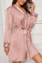 sexy non-stretch satin midi sleepwear(with belt)_Black_White_Gray_Pink