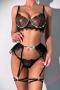 sexy slight stretch lace orange rhinestone underwire three-piece set & leg ring_Black