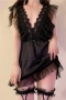 sexy non-stretch satin lace trim decor sleepwear(with g-string)_Black