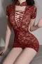 sexy slight stretch lace hollow cheongsam costumes(with g-string)_Black_White_Gray_Red