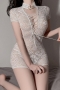 sexy slight stretch lace hollow cheongsam costumes(with g-string)_Black_White