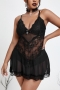 xl-4xl sexy plus-size stretch lace mesh babydoll(with thong)_Black
