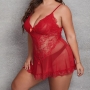 xl-4xl sexy plus-size stretch lace mesh babydoll(with thong)_Black_Red