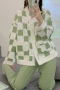 casual plus size slight stretch contrast color lattice pants sets size run small_Black_Light Green