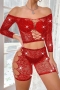 sexy stretch mesh rhinestone hollow two-piece set(no underwear)_Black_Red